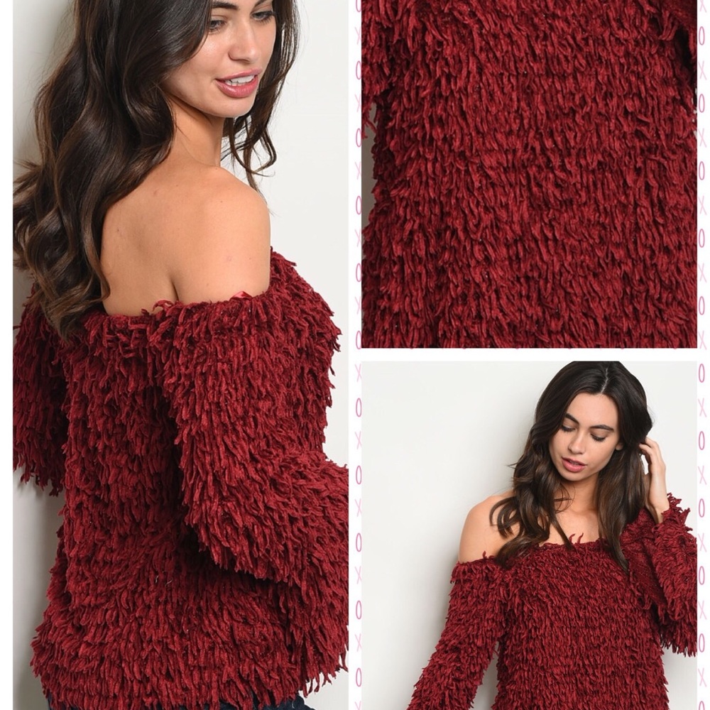 Wine Off The Shoulders Soft Shaggy Top - Picture 3 of 11